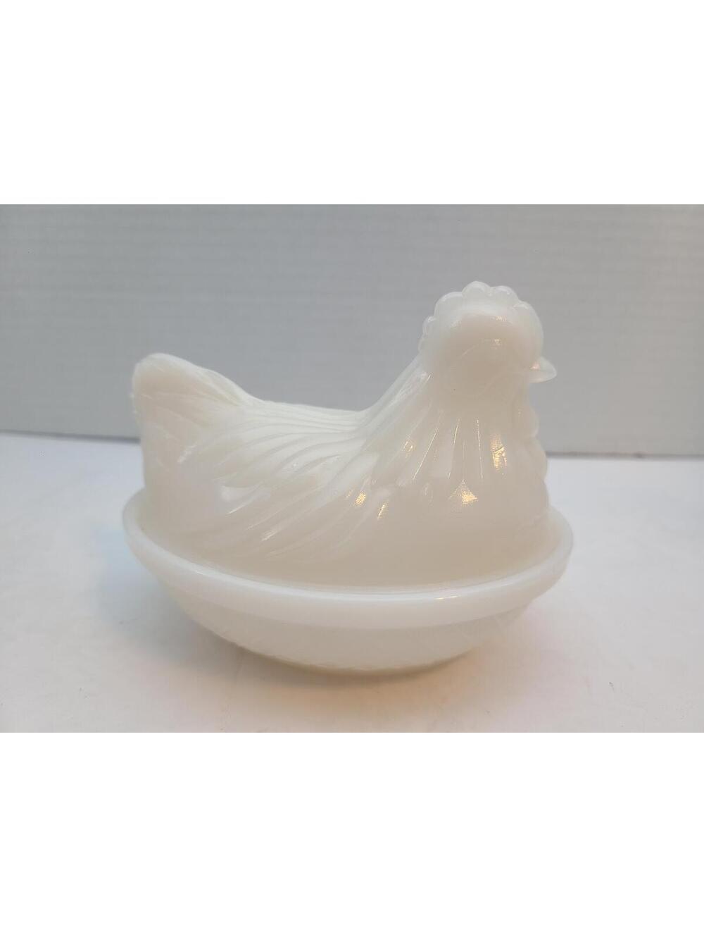 Hazel Atlas Vintage Mid Century Modern White Milk Glass Hen On Nest